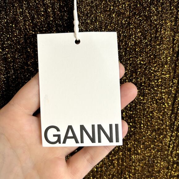 Ganni Metallic Rib Knit Tie Back Top Womens Size XL Gold Black NWT Retail $ 225 - Picture 14 of 16